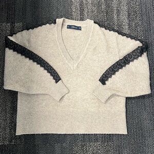 Women's Zara Knit Cream Beige Sweater with black lace detail- Size Small